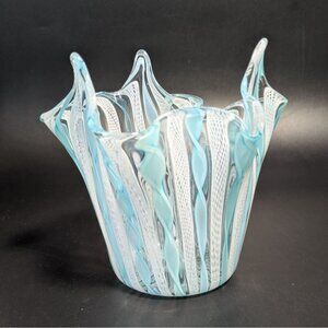 Murano Glass Handkerchief Vase Blue White Swirl Pattern Vintage